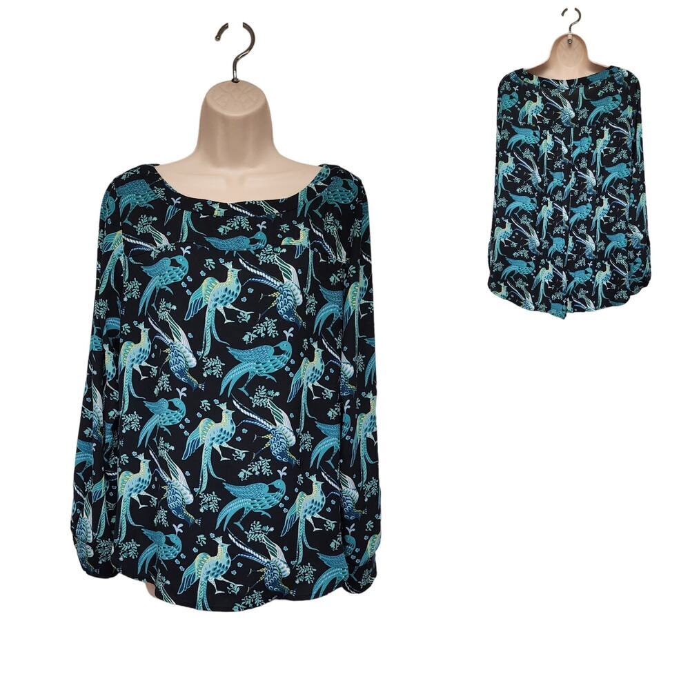 ANN TAYLOR LOFT PEACOCK PRINT SCOOP NECK LONG SLEEVE BLOUSE TEAL/BLACK SMALL